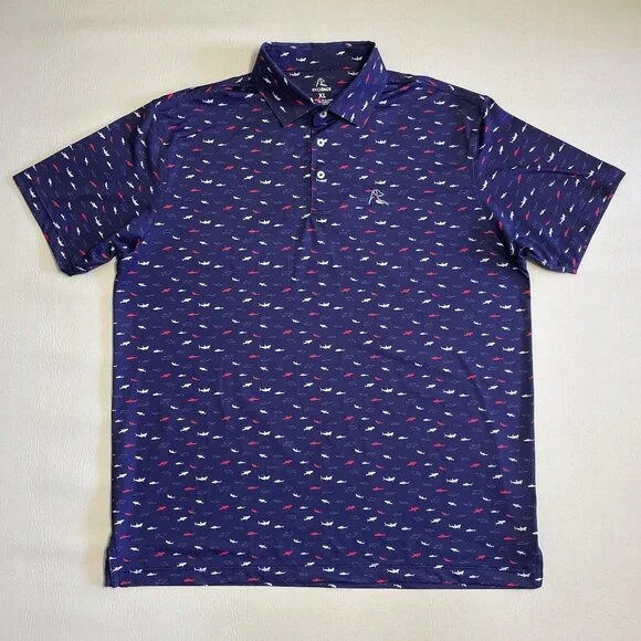 Rhoback Golf Polo Shirt Men's XL All Over Shark Print Navy Blue AOP Performance - Picture 2 of 11